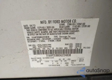 2013 Ford Taurus Sel from USA, damaged, VIN 1FAHP2E88DG224838